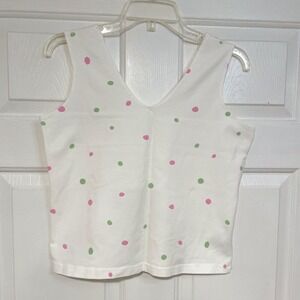 VTG Y2K Aimee D White Polka Dot Crop Stretch Cotton Tank Top Womens L Pink Green
